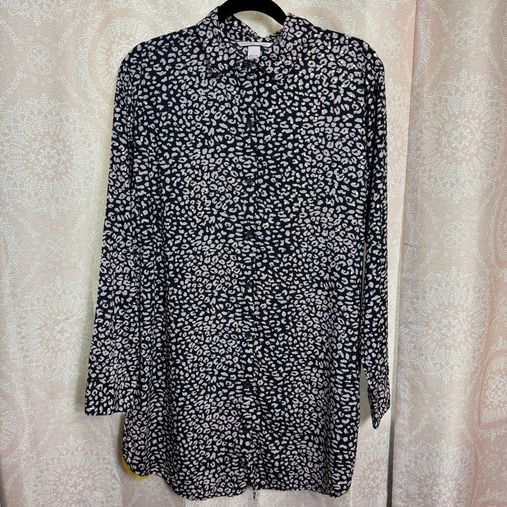 Victoria's Secret Pink Gold Charcoal Leopard Print Button Nightgown Size Medium